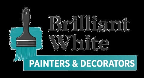 Brilliant White Painters and Decorators logo featuring a paintbrush icon with turquoise accents